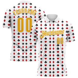 Custom White Gold 3D Gambling Poker Performance Polo Shirt
