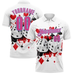 Custom White Pink-Light Blue 3D Gambling Poker And Dice Performance Polo Shirt