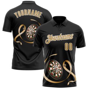 Custom Black Old Gold-White 3D Pattern Design Gold Ribbon Childhood Cancer Awareness Darts Performance Polo Shirt