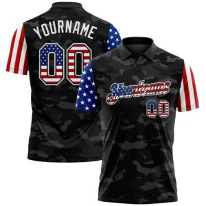 Custom Camo USA Flag Black-White Stars & Stripes Two Tone Salute To Service Patriotic Performance Polo Shirt